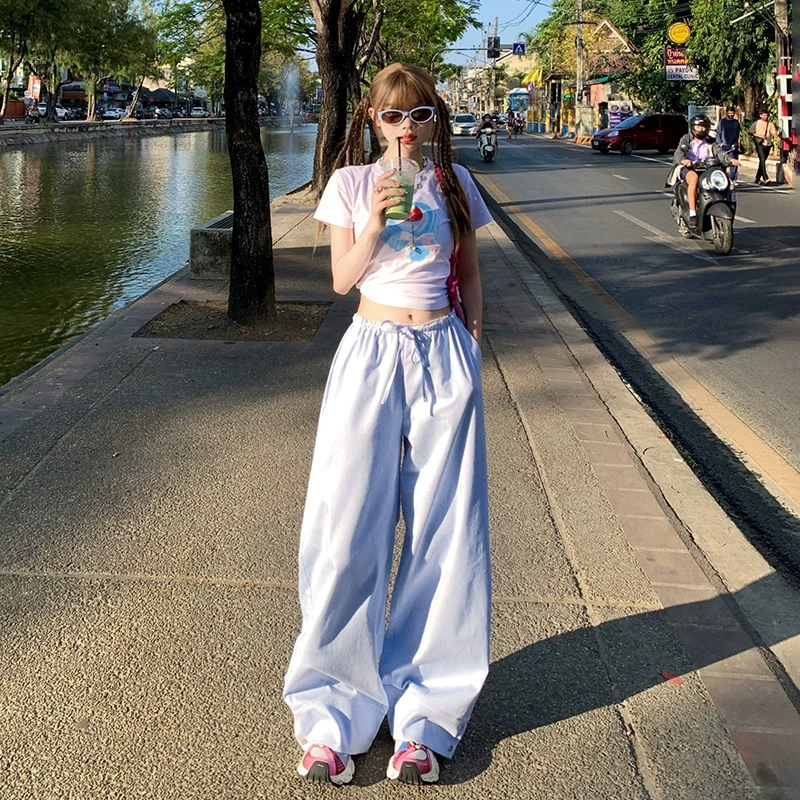 PVJ蓝色宽松慵懒抽绳休闲裤女2025年春季新款垂感阔腿喇叭拖地裤