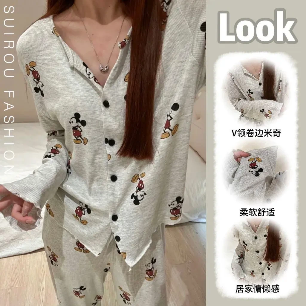 韩系慵懒春秋季新款卡通米奇V领开衫长袖睡衣女宽松家居服可外穿