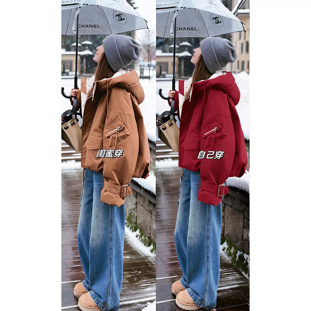 短款连帽派克棉服女冬季大码胖mm宽松高级感时髦加绒加厚棉衣外套