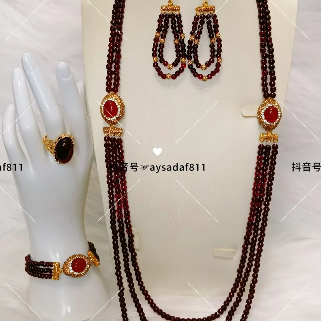 铜合金合成锆石吊坠 宫廷气质红色ئانار تاش多层项链耳环戒指手链