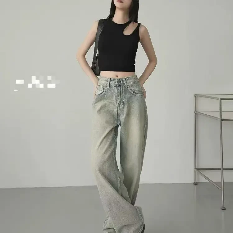 155复古做旧高腰宽松显瘦阔腿牛仔裤女直筒拖地裤