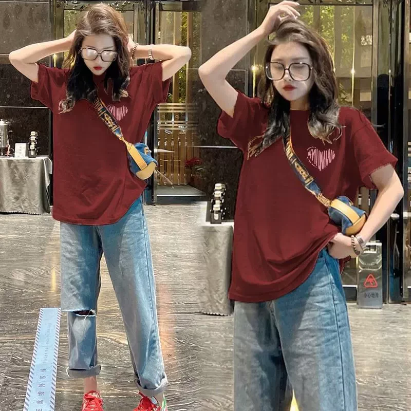 100%重磅纯棉红色短袖T恤简约爱心印花时尚圆领百搭宽松显瘦上衣