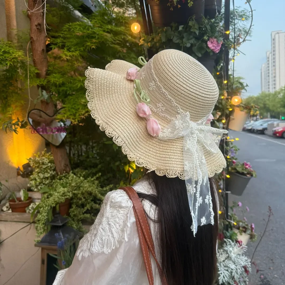 夏季花边草编帽草帽防紫外线防晒海边沙滩拍照少女大帽檐帽子百搭