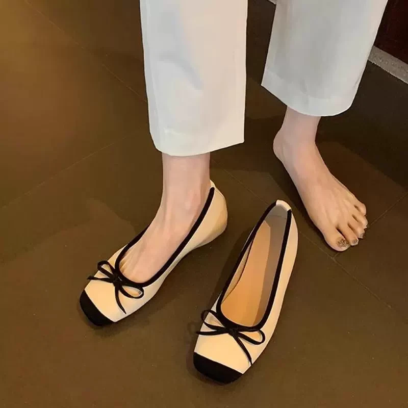 羊皮版蝴蝶结芭蕾舞鞋女2025春新款外穿内增高浅口单鞋奶奶瓢鞋