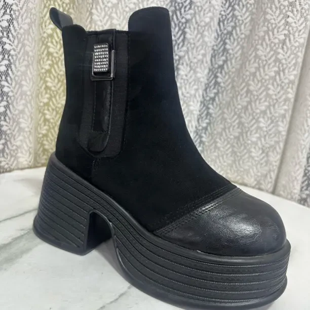 8722-女粗跟短靴高跟2025松糕靴子圆头秋冬女靴