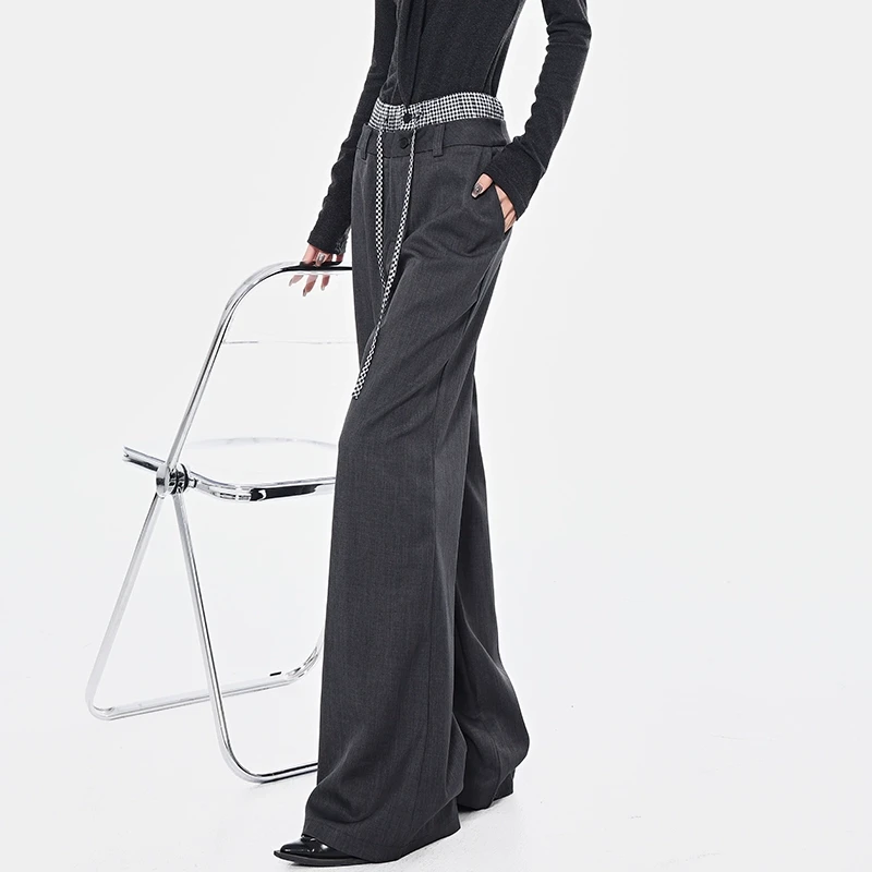 【春季五折】KEN STUDIO格纹假两件阔腿西装裤宽松垂感直筒休闲裤