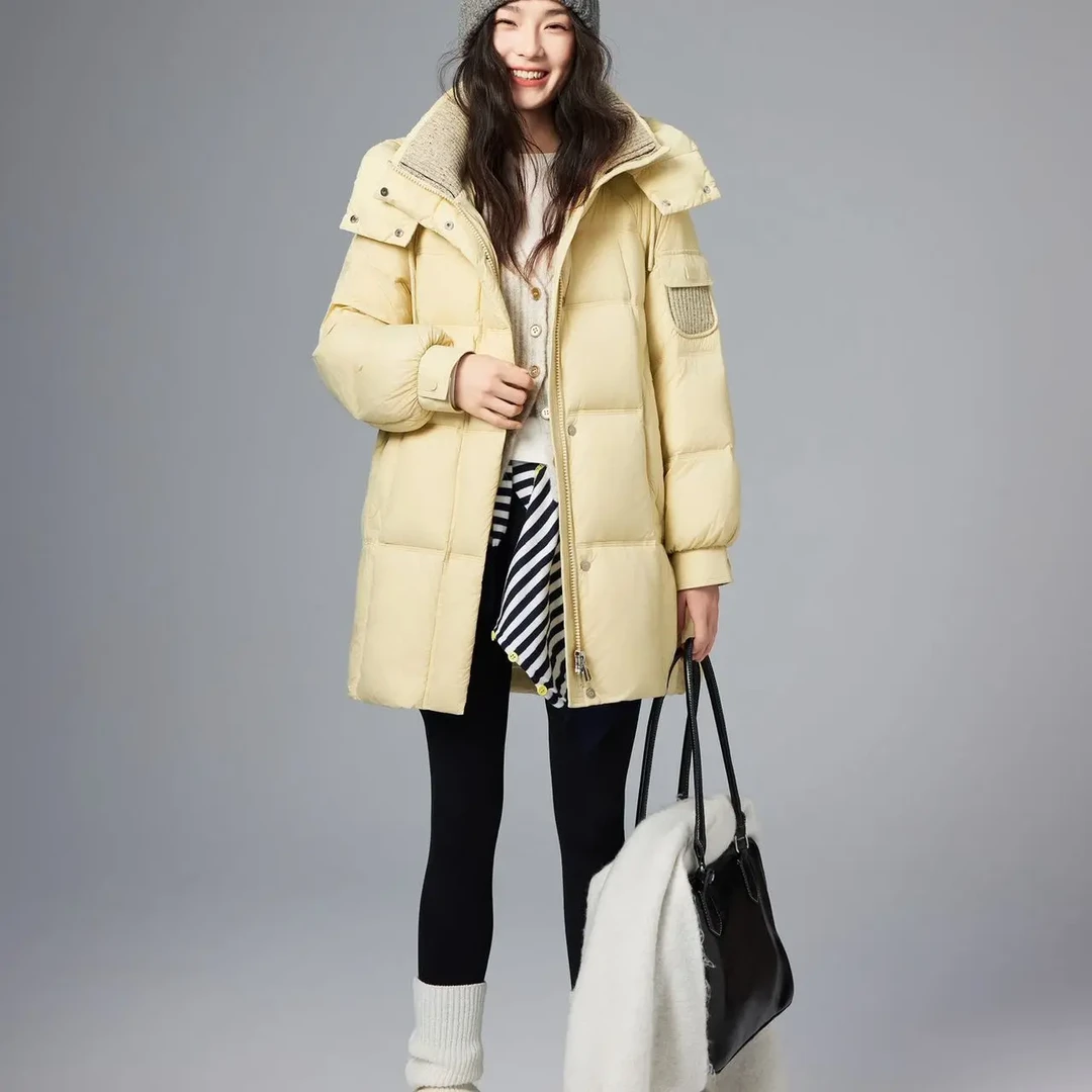 语珂正品2025新款羽绒服女中长款连帽加厚保暖白鸭绒外套62173