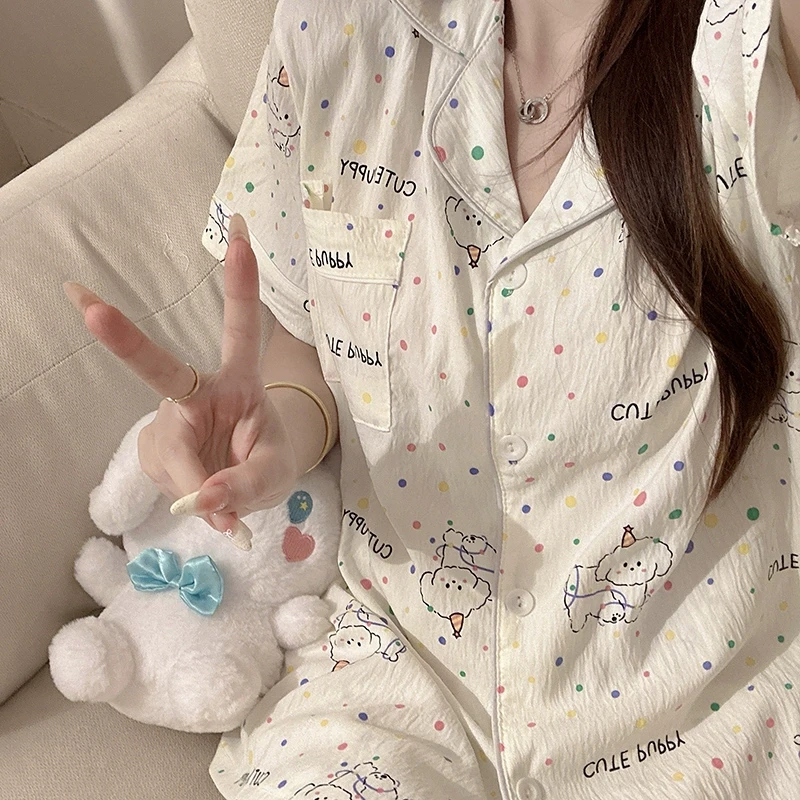 韩国彩波点比熊睡衣女夏季泡泡棉短袖短裤套装网红2025新款家居服