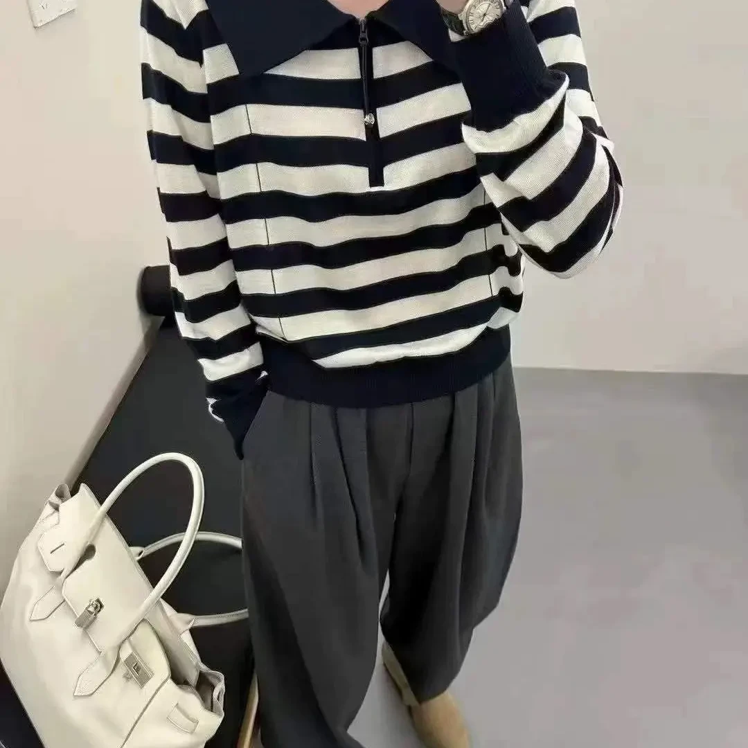 翻领长袖套头海军领毛衣008