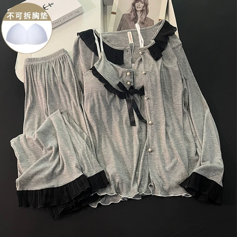 简约休闲睡衣女款春秋季莫代尔棉带胸垫吊带长袖日系三件套家居服