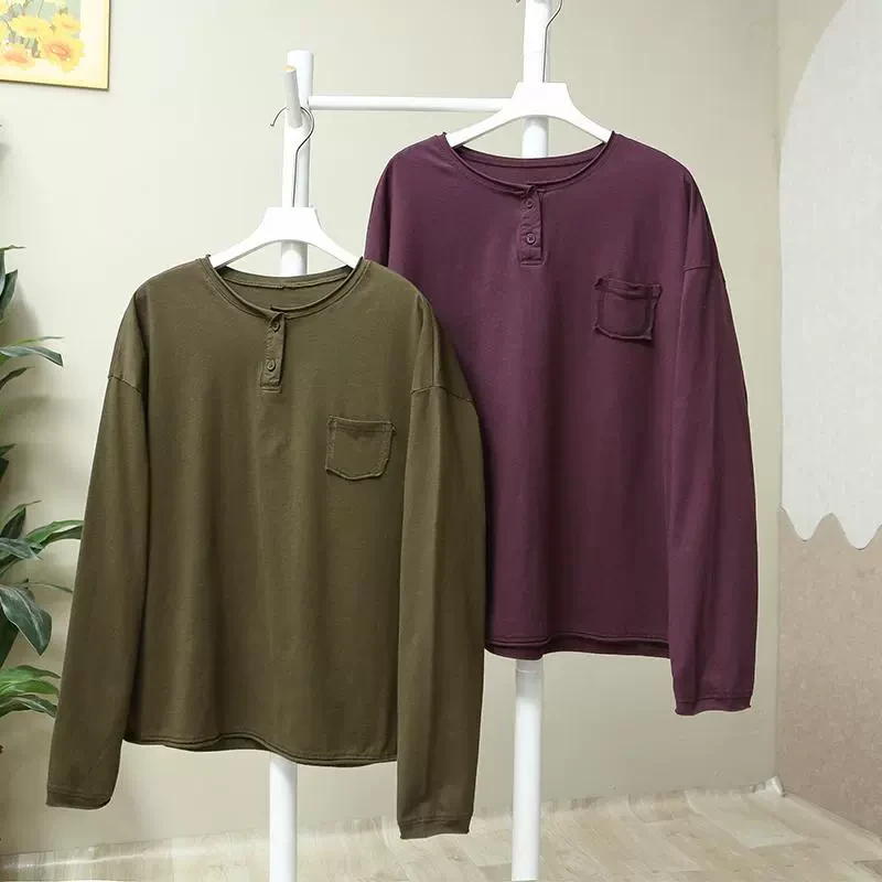 时尚卷边全棉上衣女T恤纯色圆领套头衫休闲百搭长袖显瘦打底衫