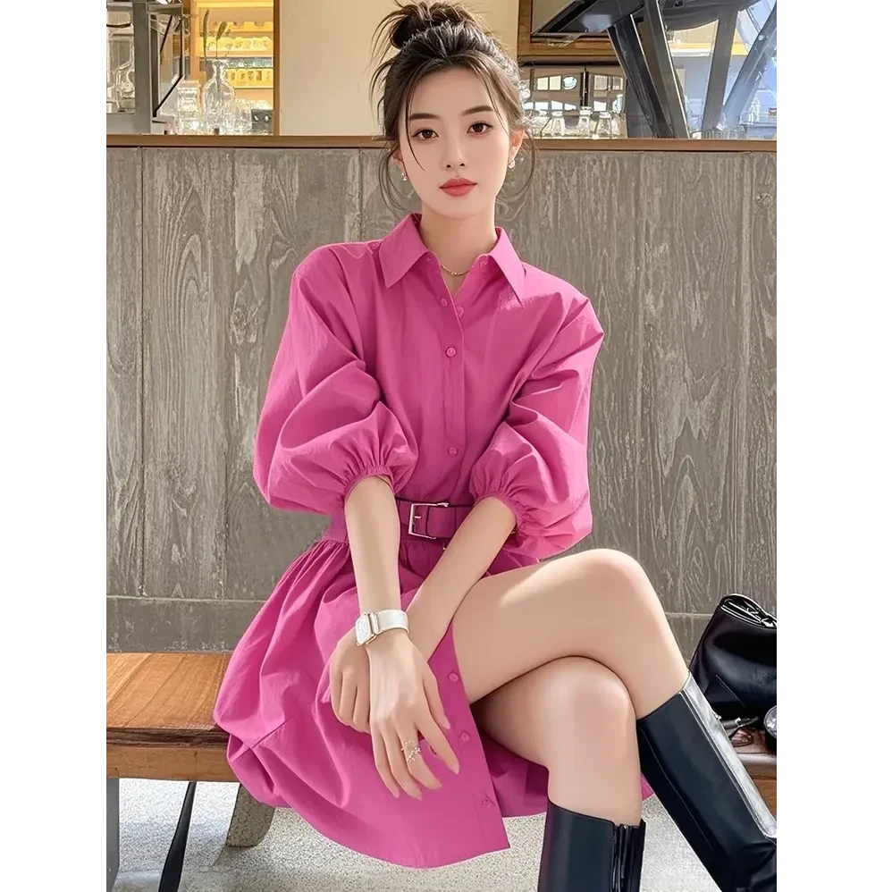 4214御姐轻奢高级感小众玫红色翻领连衣裙女2025年春季气质衬衫裙