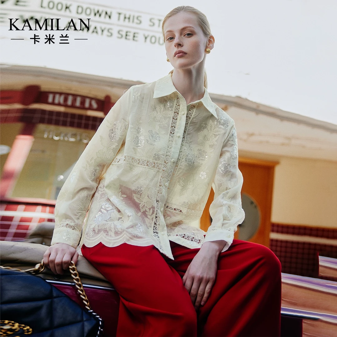 卡米兰法式提花衬衫女2025春季新款蕾丝镂空拼接衬衣薄款长袖上衣
