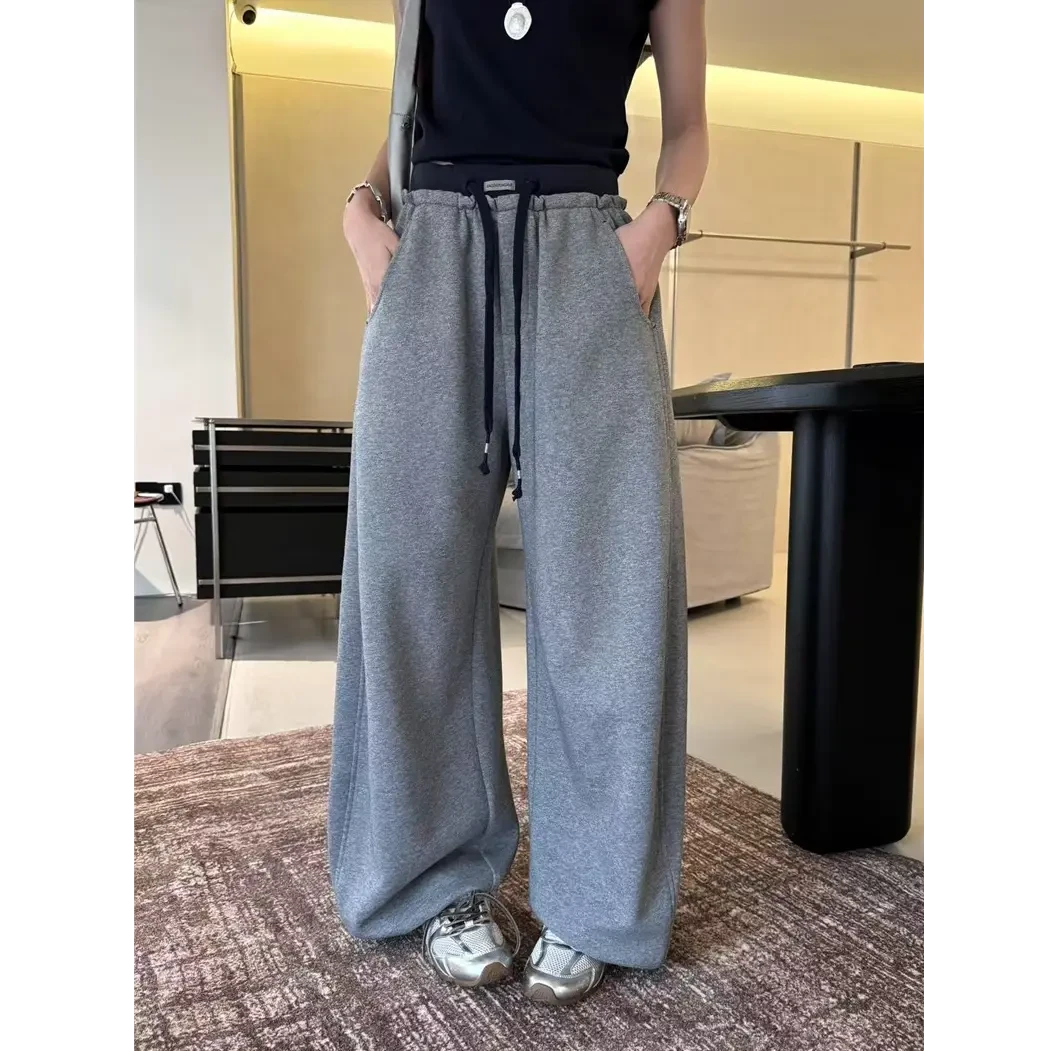 秋上新！运动拼色卫裤女宽松显瘦抽绳阔腿裤慵懒松弛感休闲弯刀裤