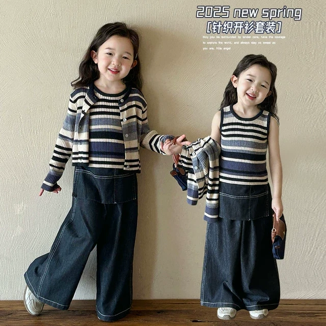 女童针织衫背心套装2025春装款韩系儿童洋气时髦屁帘牛仔裤三件套