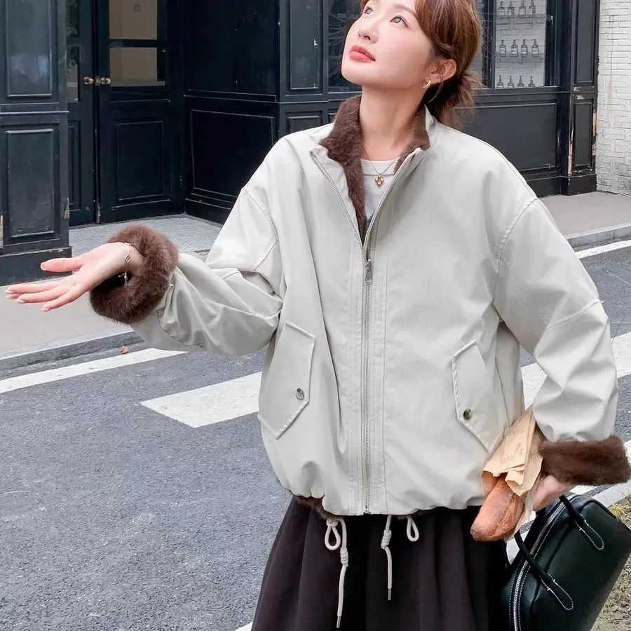 新款高级感立领短款冬季毛毛内胆仿皮草女士派克服加厚加绒