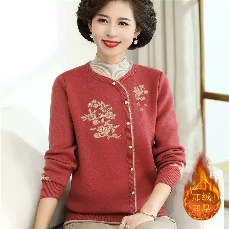 妈妈冬装假两件一体绒毛衣中年女装加厚半高领保暖上衣宽松打底衫