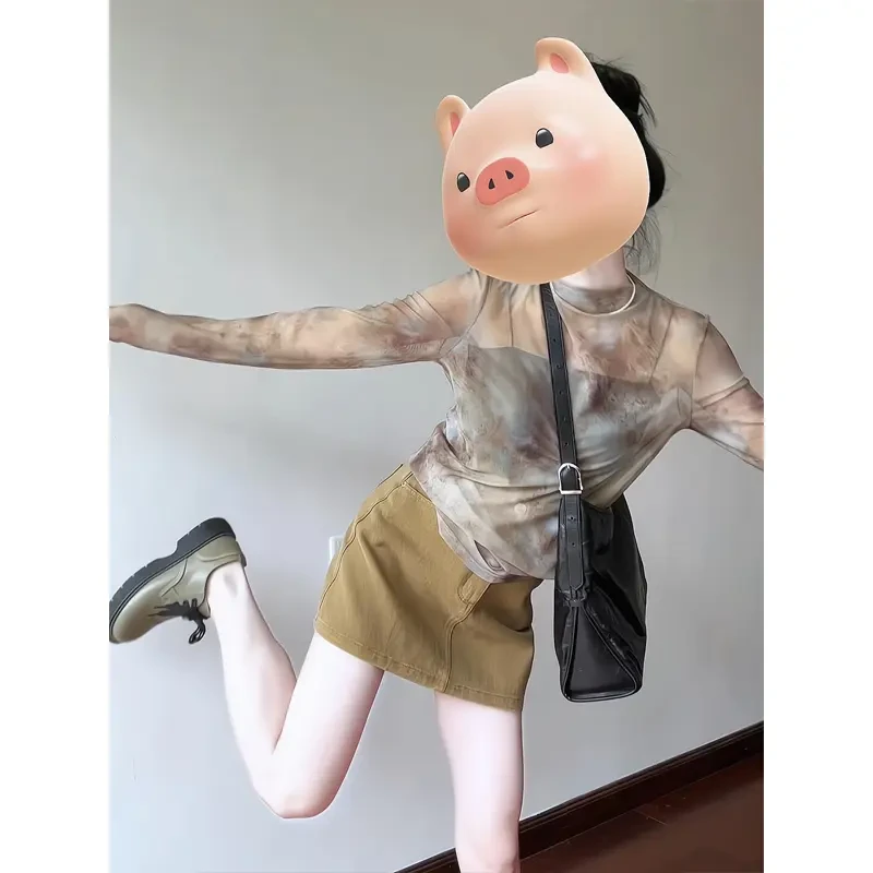 晕染气质薄款防晒上衣设计感长袖T恤工装风牛仔半身裙小个a字短裙