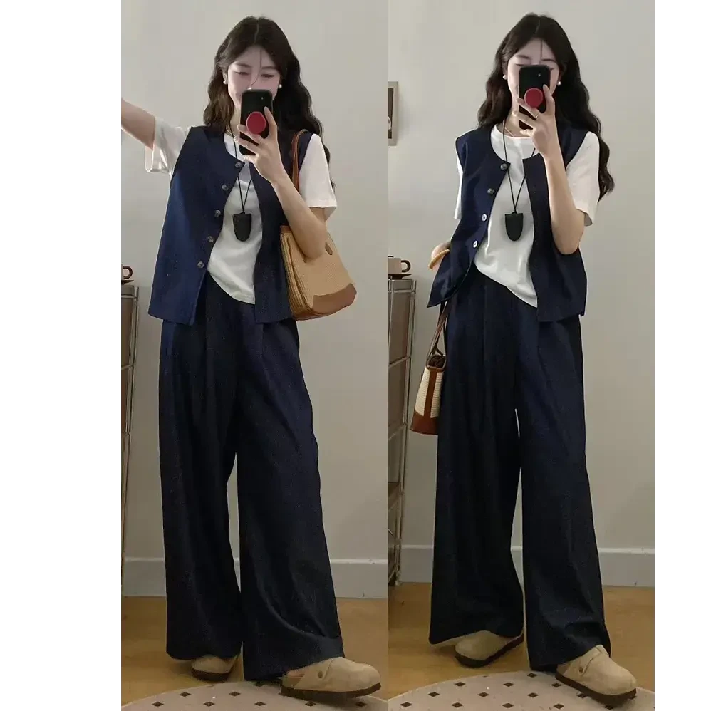 大码女装胖mm新款时尚简约马甲阔腿裤三件套