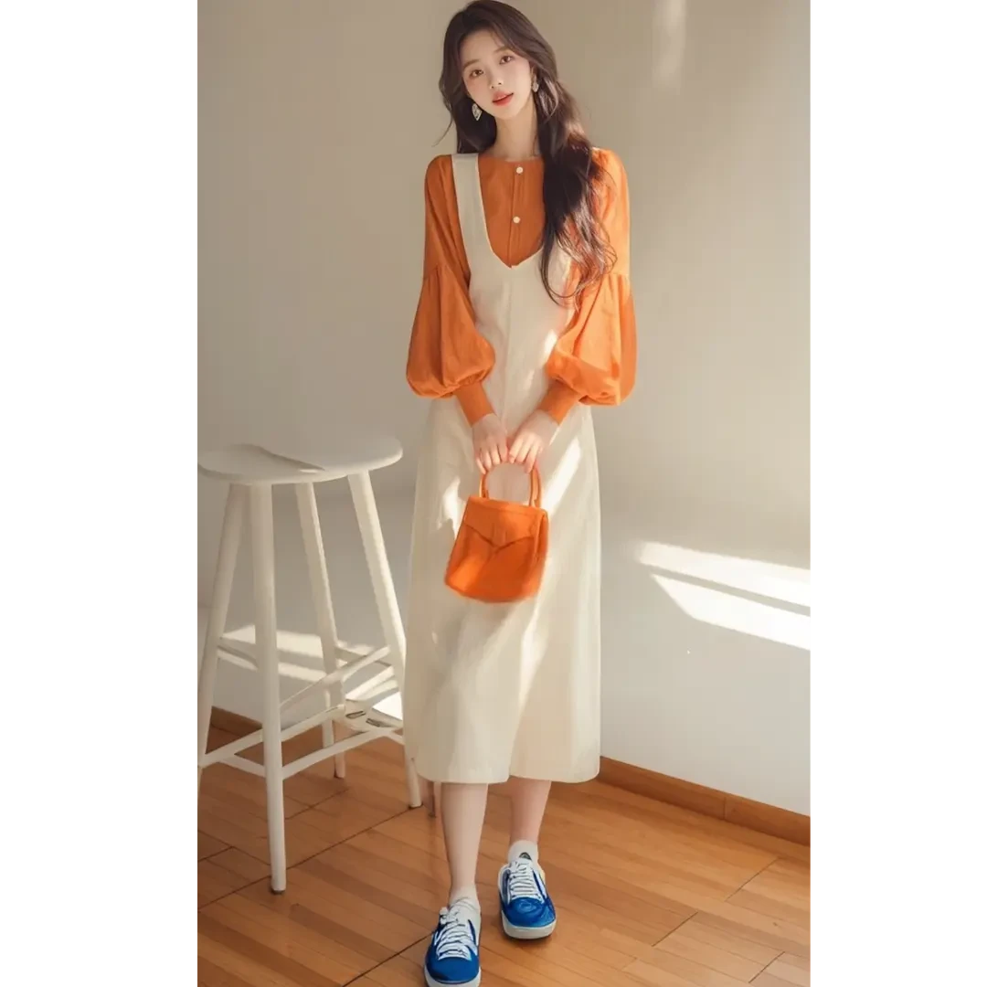 韩系风格穿搭一整套名媛气质千金风橘色衬衫裙2025超火两件套春装