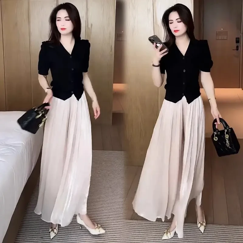 时尚套装女2025夏季新款洋气冰丝针织短袖上衣流光纱裤裙两件套潮
