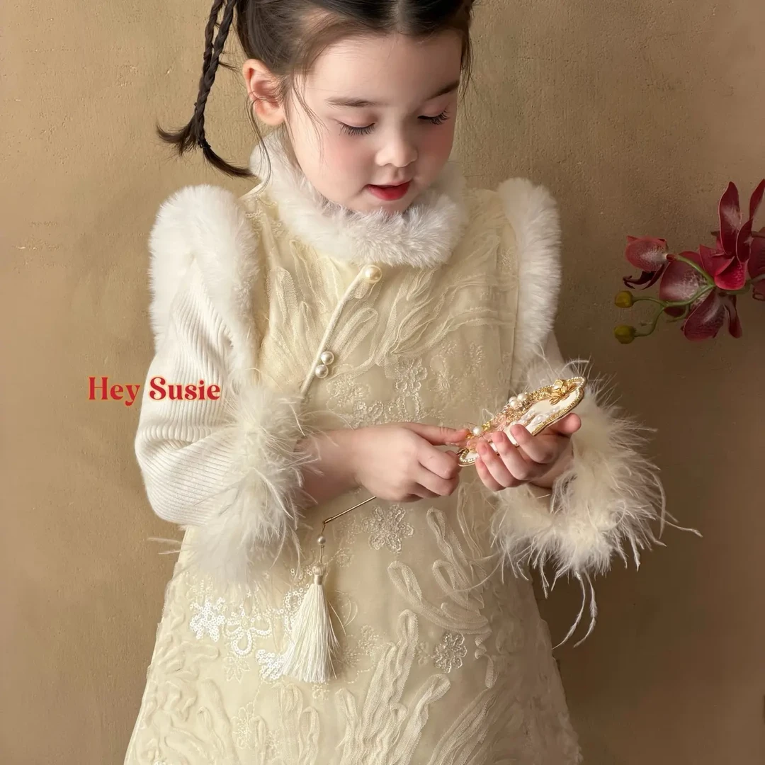 正版苏西Susie女童秋冬加绒新中式国风提花织锦旗袍裙背心裙7728