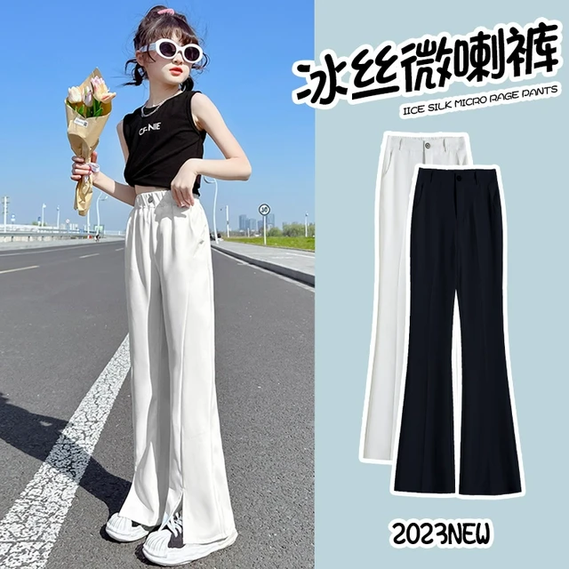 女童裤子夏装2025新款儿童冰丝开叉喇叭裤大童女孩休闲直筒裤薄款