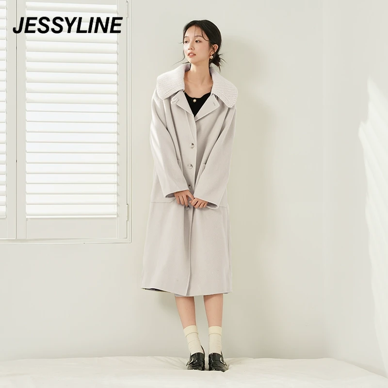 jessyline冬季新款大衣 杰茜莱时尚高级感中长款毛呢外套