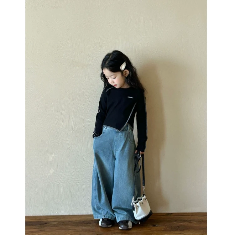 春装新款韩版女童明线不规则长袖T恤儿童洋气打底上衣宽宽牛仔裤