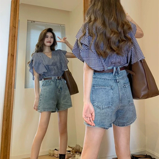夏季韩剧气质御姐轻熟风减龄荷叶边衬衫+牛仔短裤两件套装女