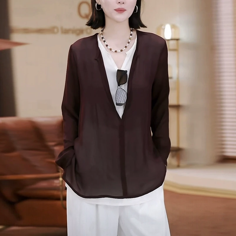 假两件V领女士衬衫2025夏季新款洋气减龄宽松显瘦松弛感薄款上衣