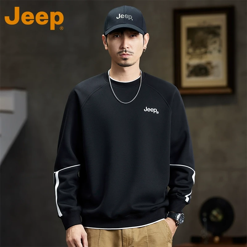 JEEP吉普黑色圆领卫衣男士秋冬款2024新款潮牌拼接衣服长袖上衣服