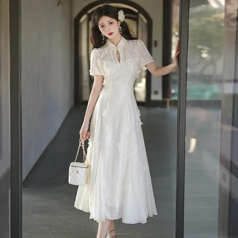 夏季新中式国风改良重工刺绣旗袍连衣裙女温婉气质显瘦大摆长裙子