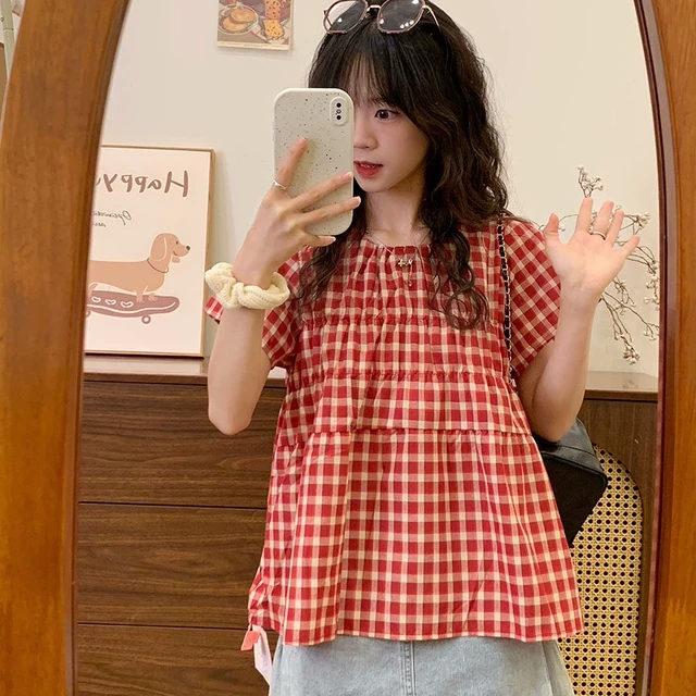 奶油的宇宙 红色格子小飞袖短袖衬衫女韩系学院风娃娃衫上衣新款