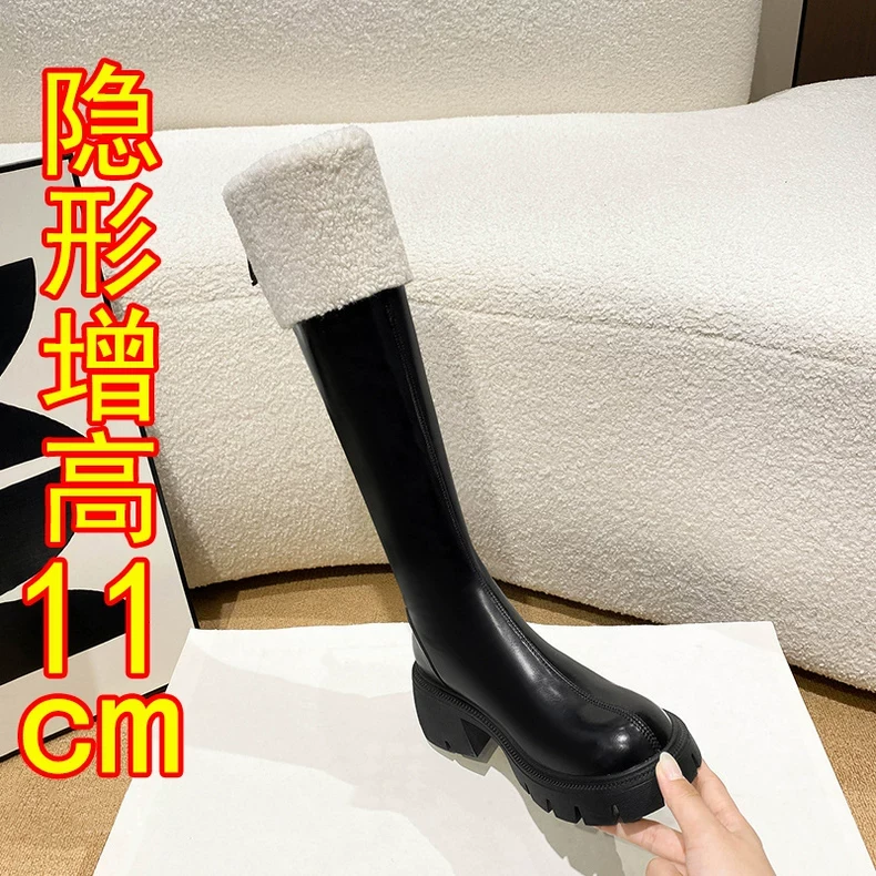 羊羔绒毛毛靴女11cm矮子乐全牛真皮厚底休闲内增高不过膝长筒骑士