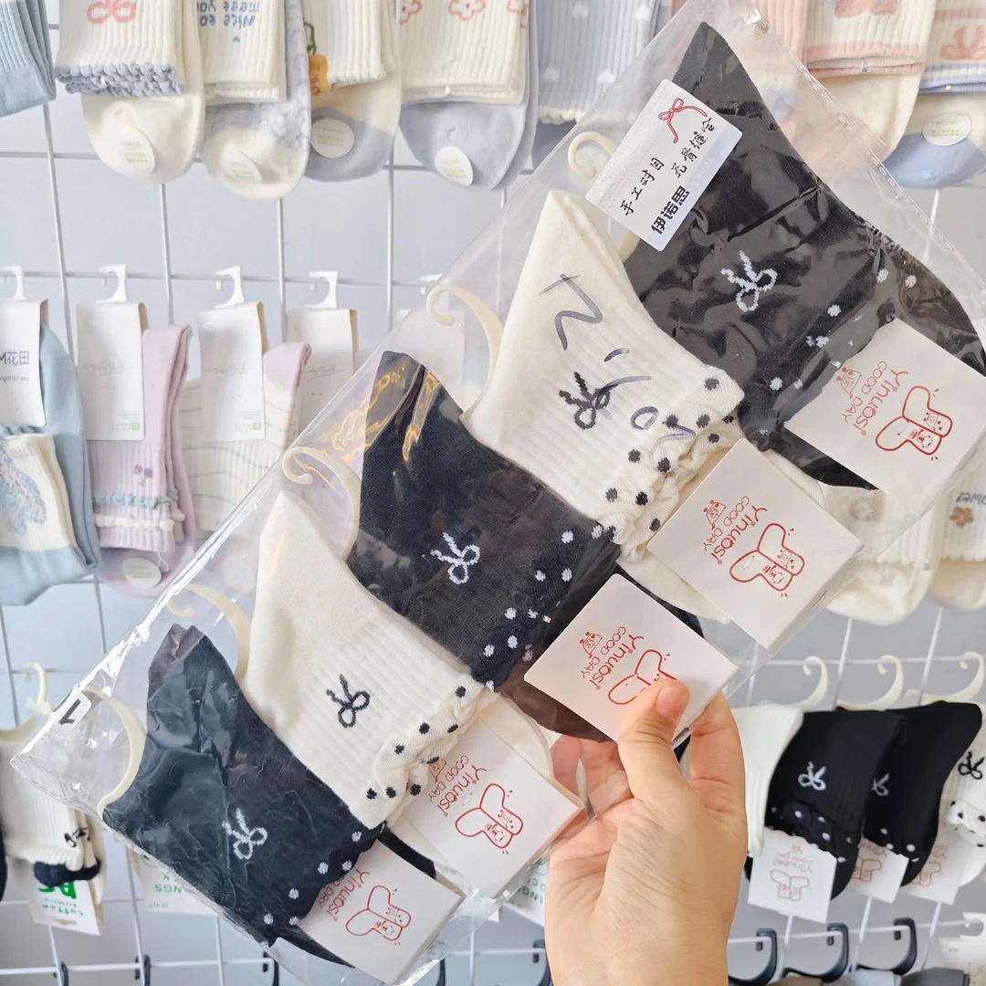 秋季日系网红中筒女袜可爱学院风花边蝴蝶结舒适透气