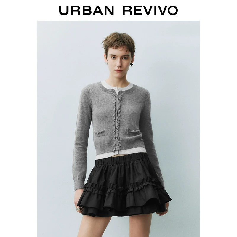 UR2025秋季新款女装撞色假两件木耳边针织开衫UYU950049