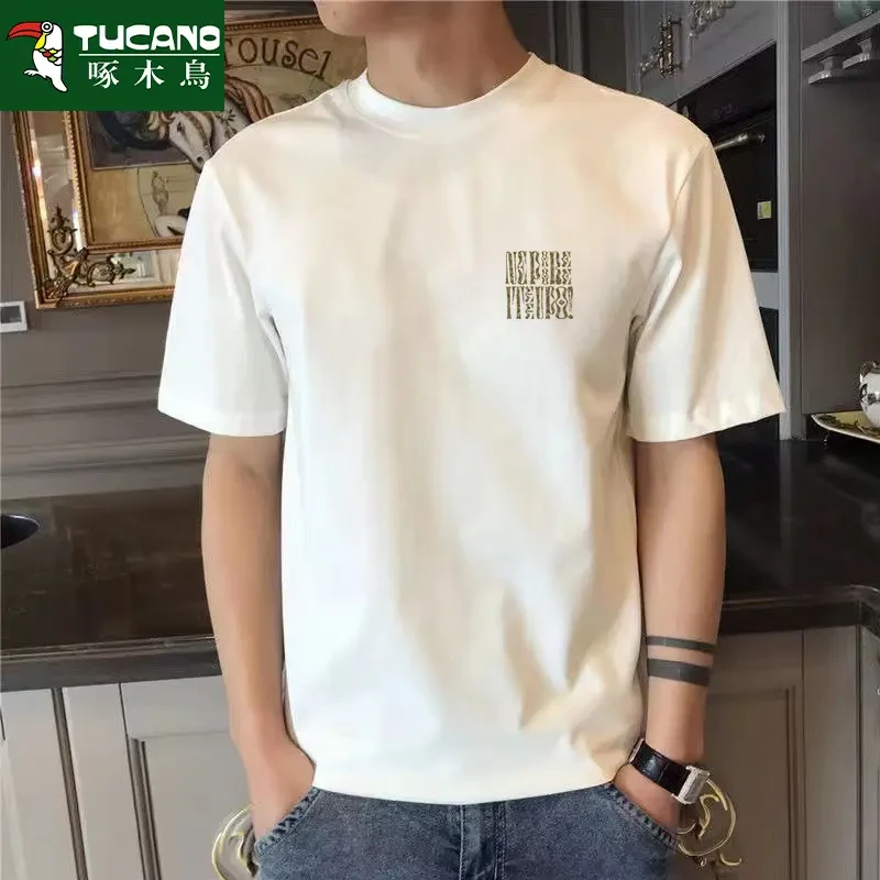 啄木鸟夏季男士短袖T恤印花纯棉圆领大码百搭帅气上衣男半袖韩版