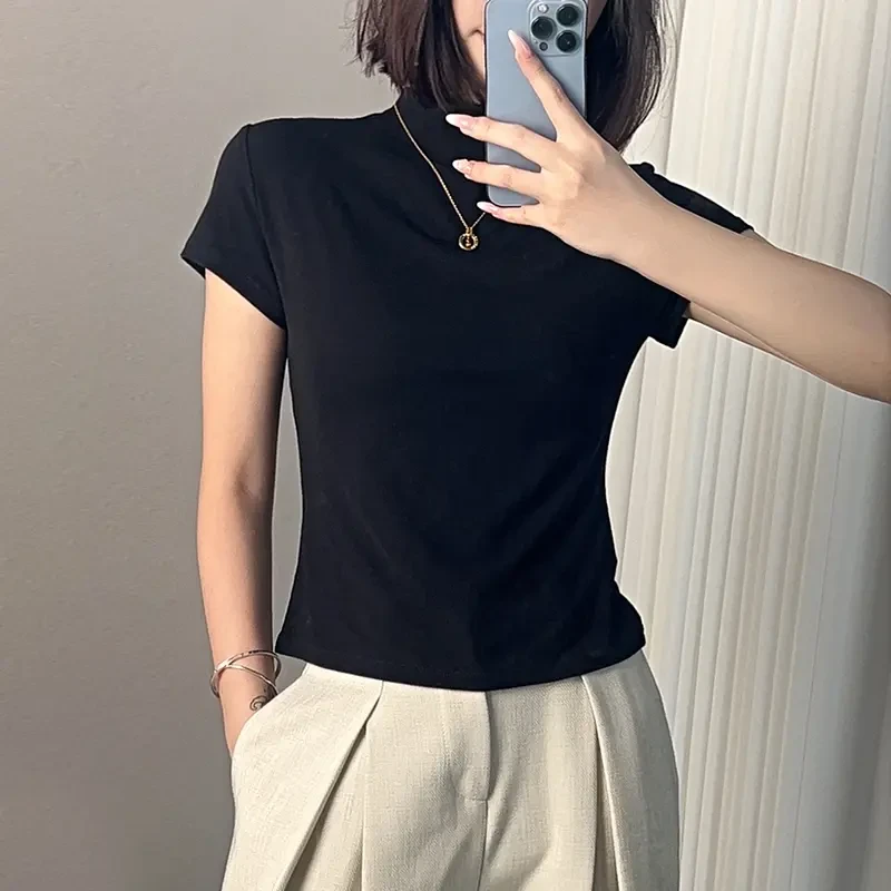 欧货莫代尔半高领短袖T恤女2025新款夏季冰丝洋气显瘦修身上衣ins