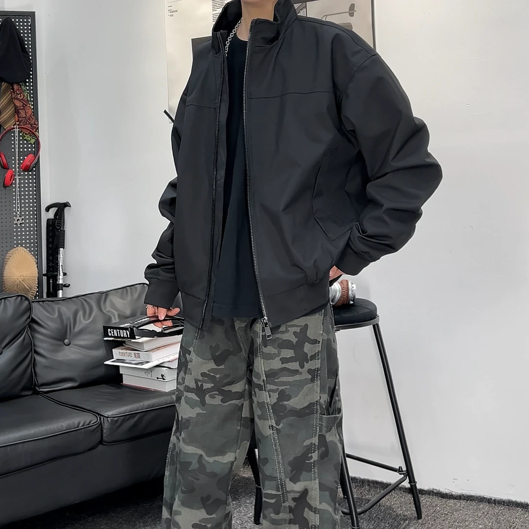秋季美式简约休闲长袖短款夹克男士宽松立领百搭时尚潮流外套上衣