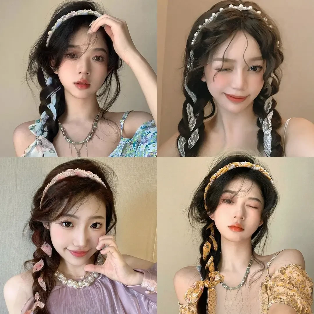 春夏碎花编发发带女绑发丝巾飘带发箍一体系丝带头箍超仙珍珠系带