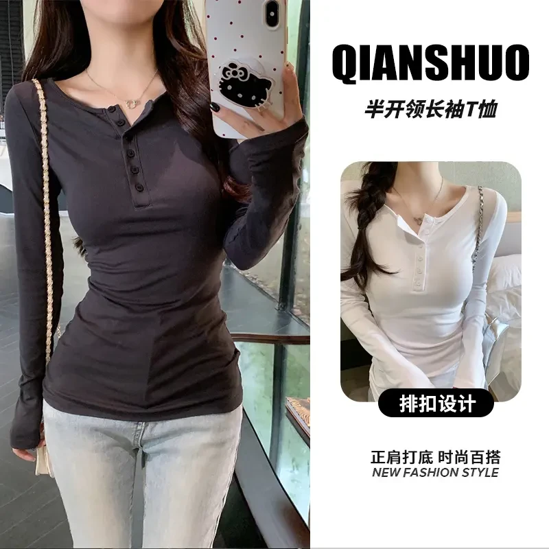 千朔初秋新款亨利领纽扣辣妹半开领V领收腰显瘦T恤洋气打底衫长袖