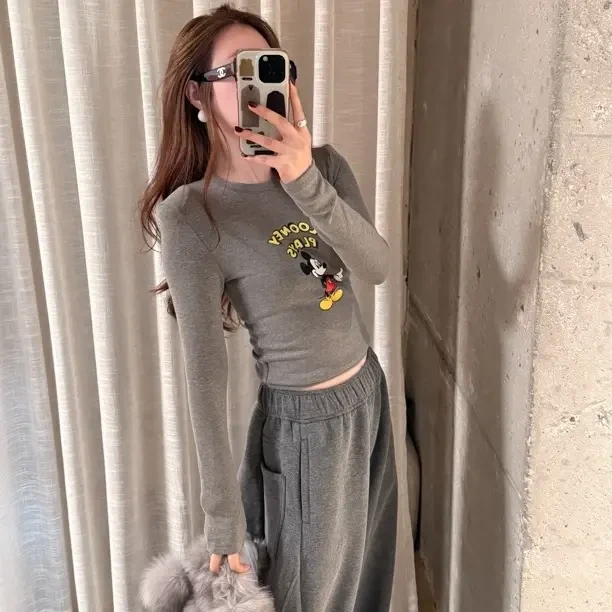 【PLJJ泡菜定制】“长袖T”韩版卡通印花圆领正肩修身磨毛T