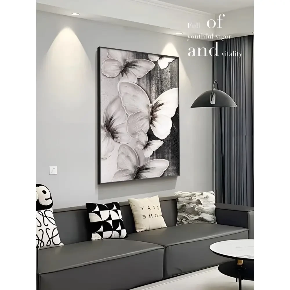 蝴蝶客厅装饰画高级感沙发背景墙挂画玄关壁画落地轻奢黑白灰风格