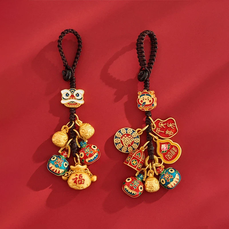 匙扣镀金色财神爷一家三口四口吞金兽古法金色挂饰汽车钥匙链挂件
