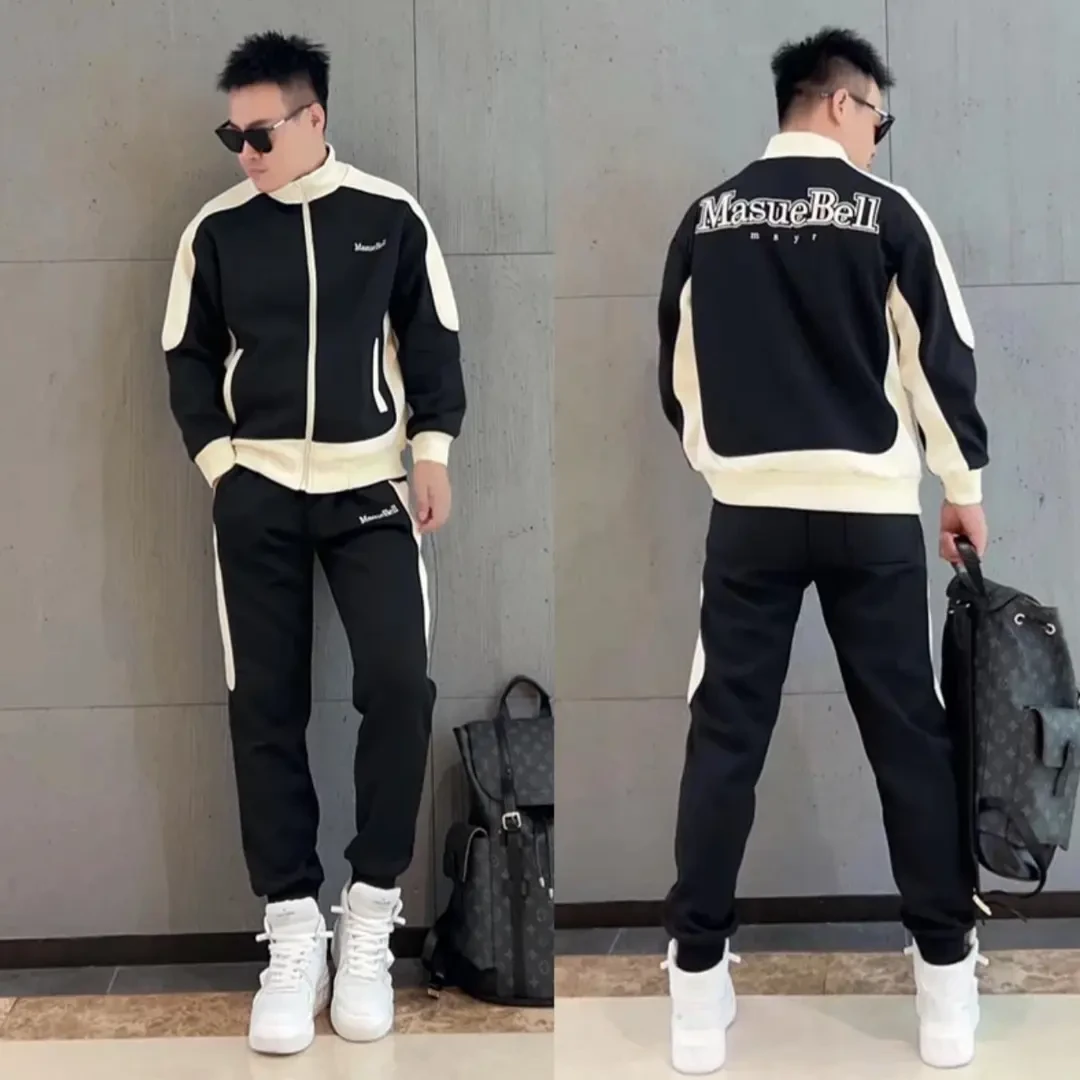 日系运动时尚痞帅字母刺绣拼色立领夹克男春秋季宽松针织外套潮