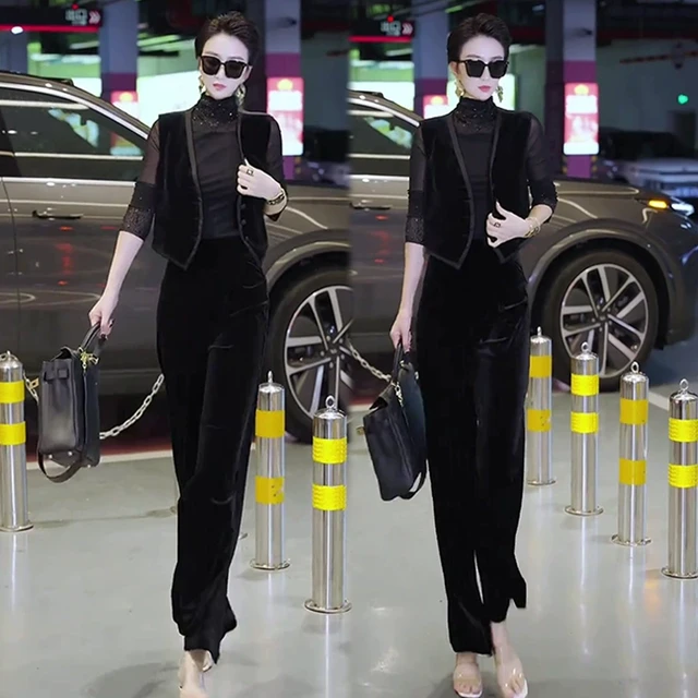 高级感黑色丝绒两件套女2025秋季新款百搭马甲显瘦裤子时尚套装潮