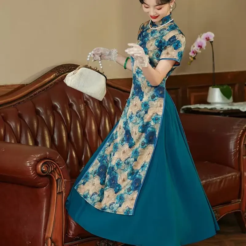 中式提花中国风日常长奥黛提花旗袍优雅高开衩裙子修身气质蓝色ZX