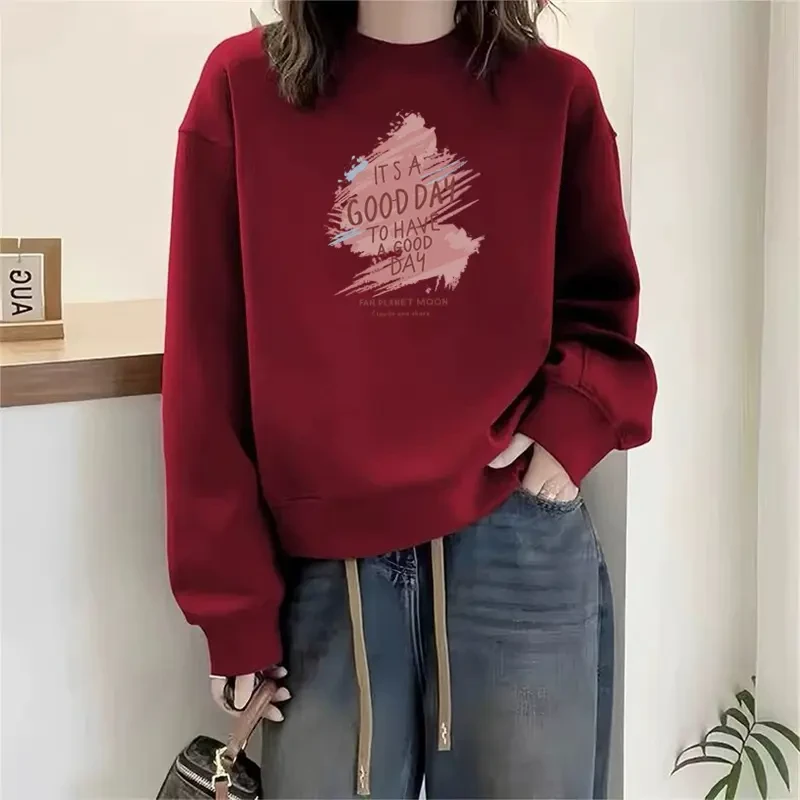 酒红色新款圆领卫衣女宽松休闲洋气时尚百搭加绒加厚上衣秋冬季潮