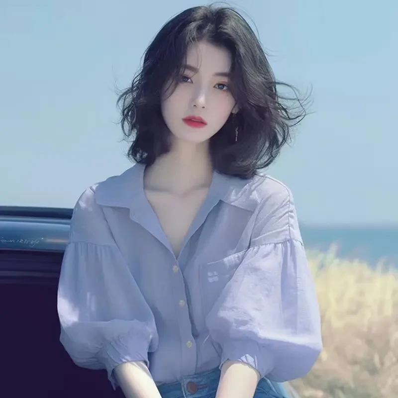 夏季韩系chic别致独特设计感紫色灯笼袖衬衫温柔气质绝美V领上衣